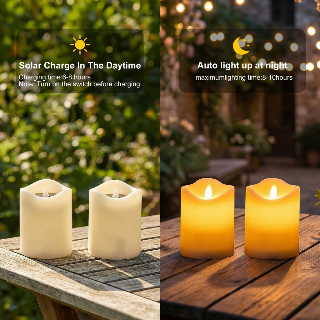 Solar Candles Outdoor Waterproof,Flameless Pillar IP65 Waterproof White Fake Candle,Dusk to Dawn,Solar Powered LED Candles for Patio Yard Table Deck Window Outdoor Lantern Decor,3"x4", Set of 2