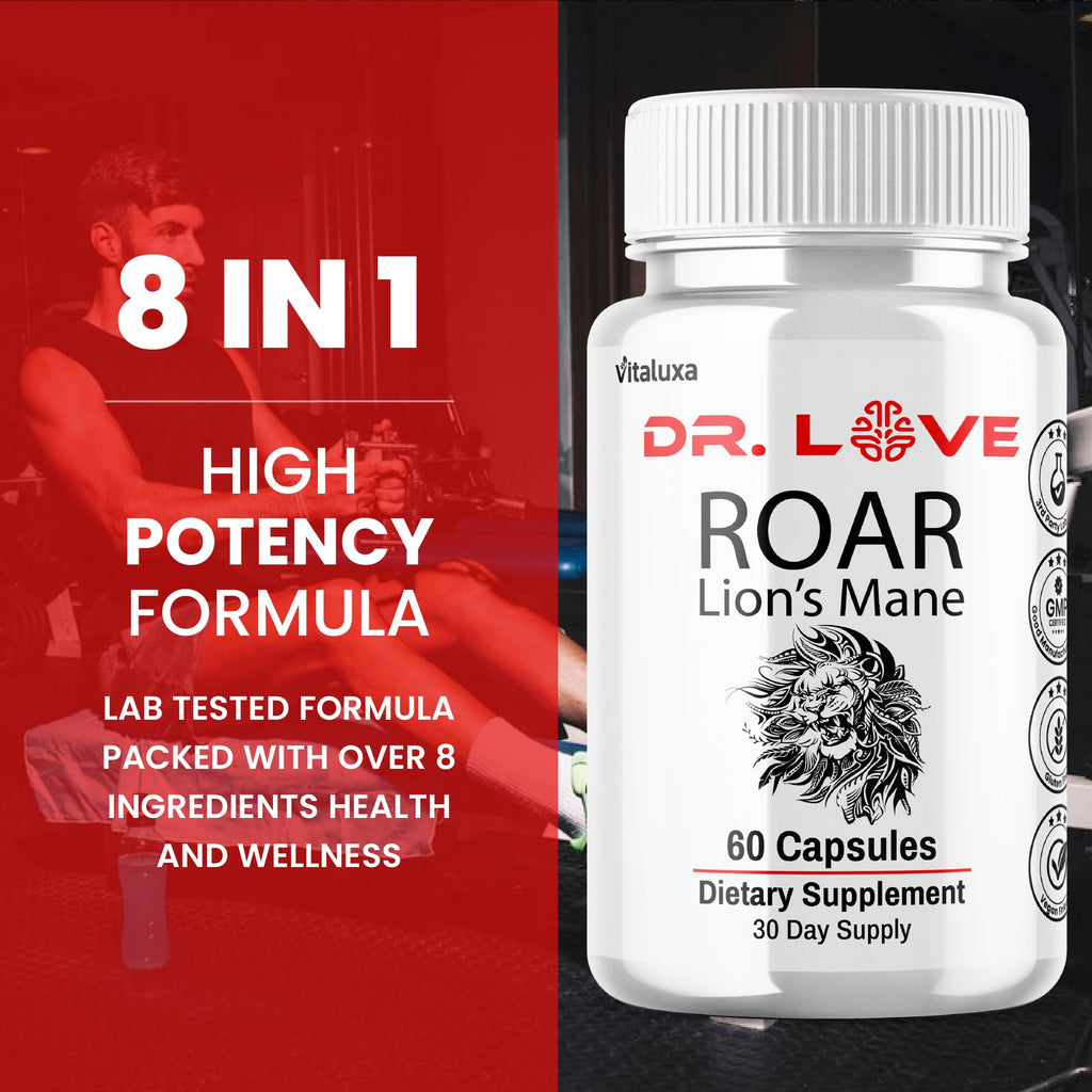 Dr. Love Roar Lions Mane Supplement Capsules, Dr.Love Roar Lion’s Mane Plus Pills Brain and Focus Premium Advanced Official Formula, Doctor Love All Natural Support Pills, Made in USA (60 Capsules)