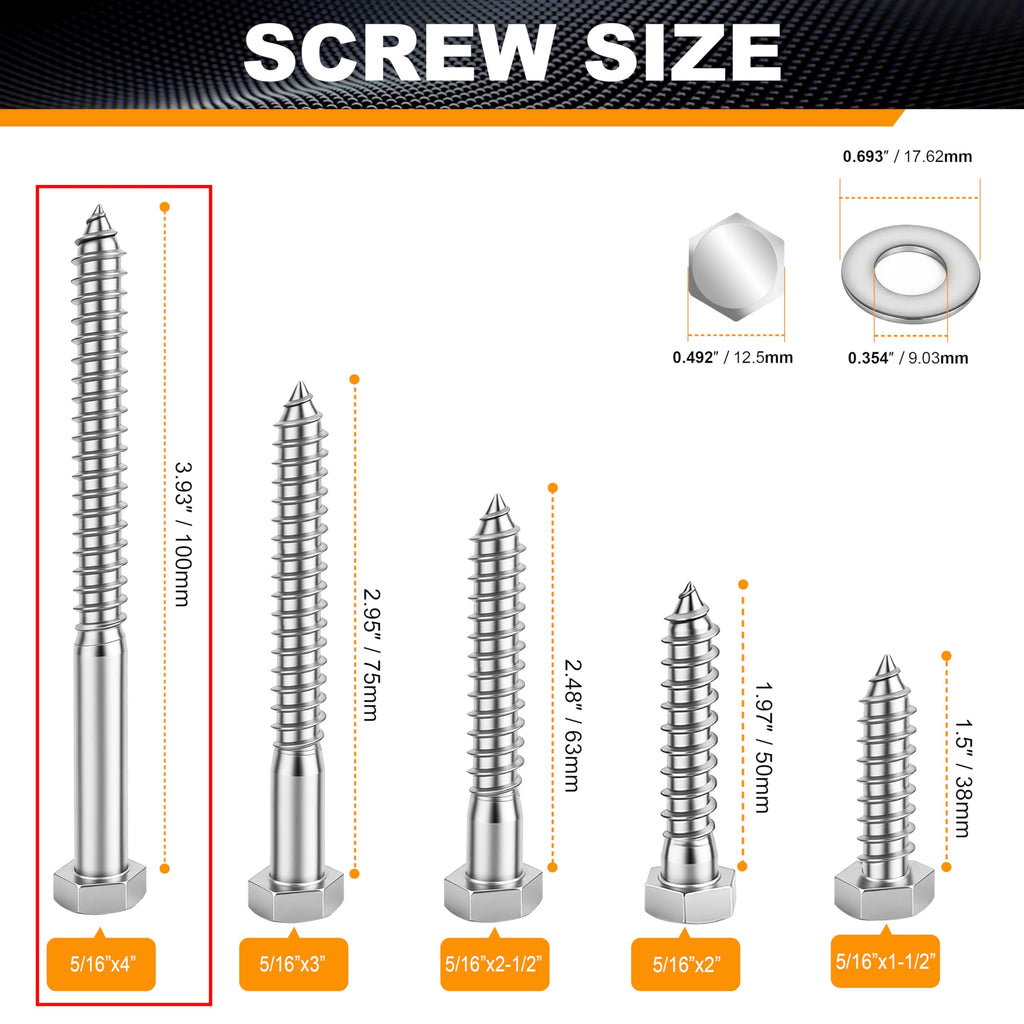 Xpokcai 15 Pcs 5/16" x 4" Hex Head Lag Screws for Wood, Hex Head Lag Bolts,304 Stainless Steel 18-8 Heavy Duty Wood Screw with Flat Washers (15, 5/16" x 4")