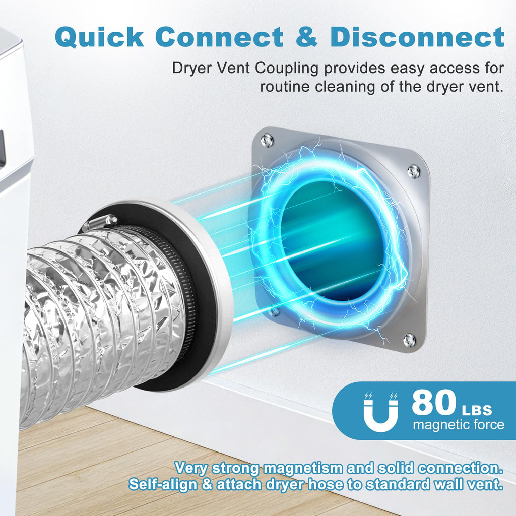 Magnetic Dryer Vent Kit, Quick Connect for 4" Dryers, Save 4–6 Inches of Space, Strong Magnetic Hold, 3.3FT Hose, Airtight Seal & Reinforced Wall Connector