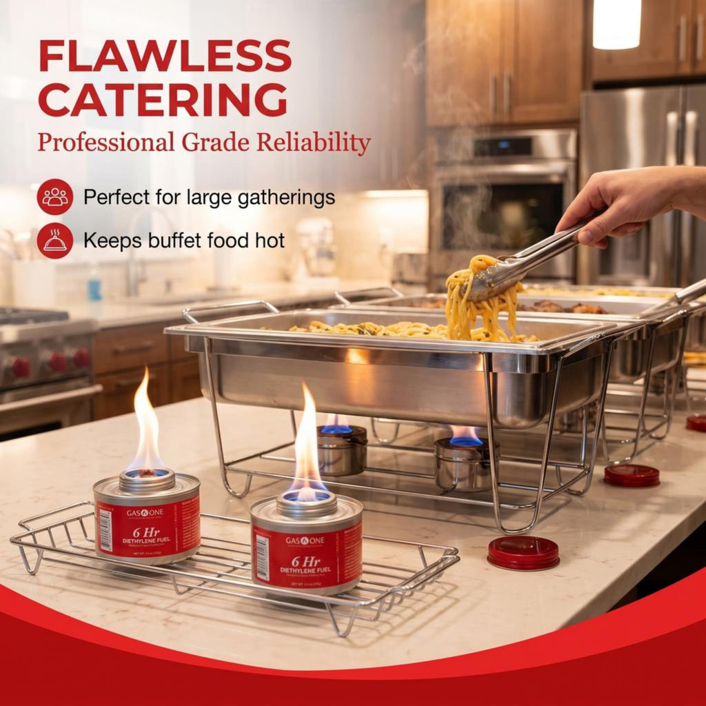 Gas One 12 Pack 6 Hour Chafing Fuel - Food Warmer for Chafing Dish Buffet Set - Reusable Liquid Safe Fuel With Wick & Lid Opener
