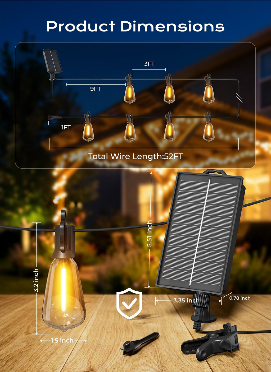 Brightown 52FT Solar String Lights Outdoor Waterproof, Patio Lights with Remote & Timer, USB/Solar Powered Dimmable Outdoor Lights, 15+1 LED Bulbs for Backyard Garden Camping Party - 26Hrs Runtime