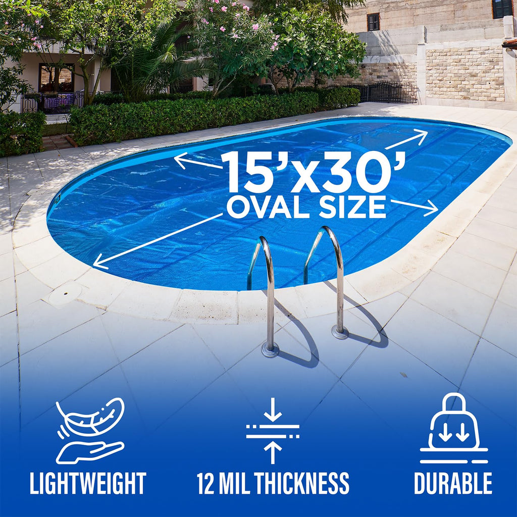 15' x 30' Oval Solar Cover for Inground and Above Ground Pools, 12 Mil - Premium Heavy Duty Solar Blanket for Above Ground Pool, Blue - Made in USA