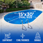15' x 30' Oval Solar Cover for Inground and Above Ground Pools, 12 Mil - Premium Heavy Duty Solar Blanket for Above Ground Pool, Blue - Made in USA