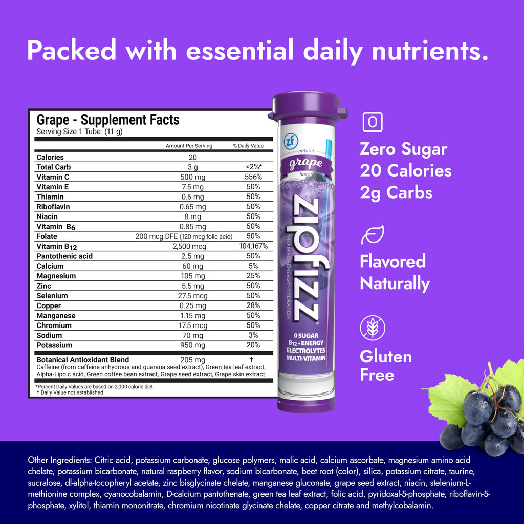 Zipfizz Energy Drink Powder, 20 Pack Electrolyte Mix with B12 - Grape