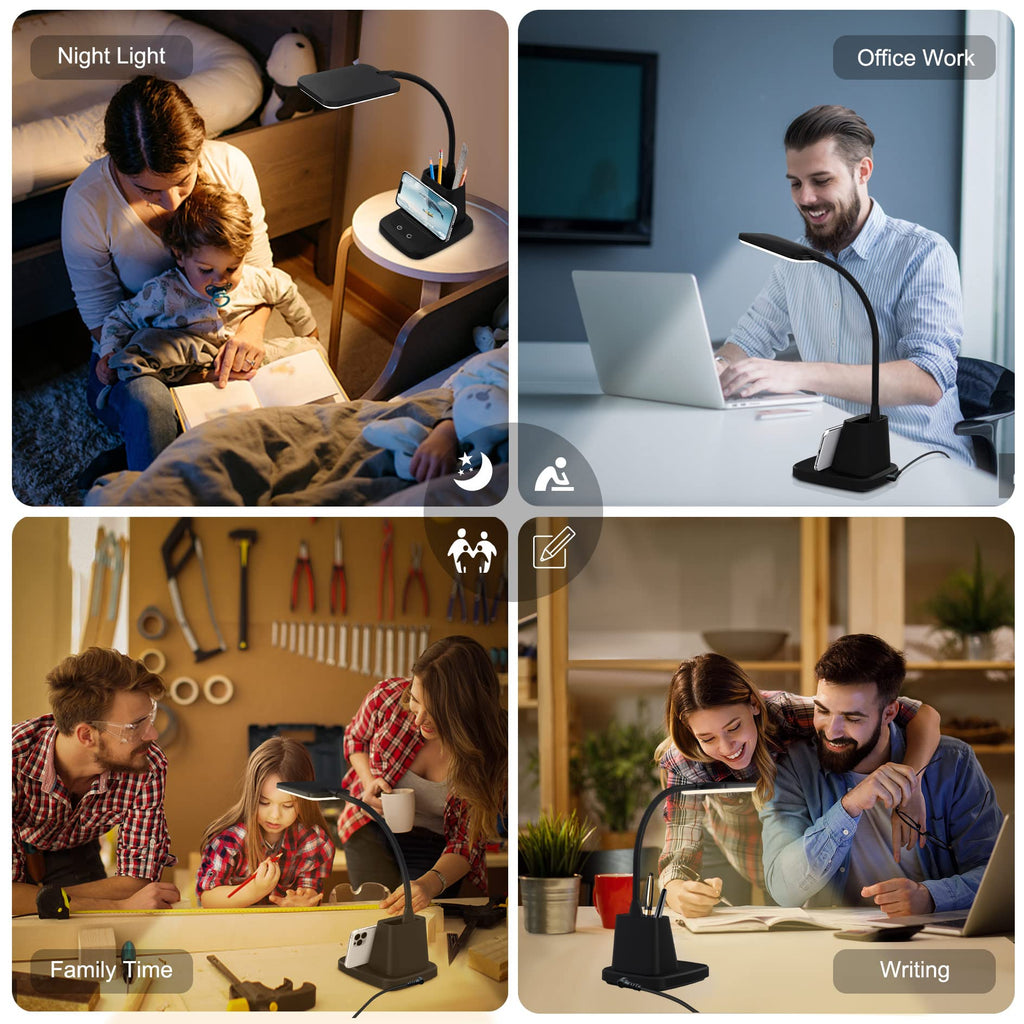 Sailstar Desk Lamp, LED Desk Lamps for Home Office, Wireless Charger Small Desk Lamp with Pen Holder, 3 Color Modes, Dimmable, CRI 85, 800LM, Study Lamps for College Dorm Room, Adapter Included, Black