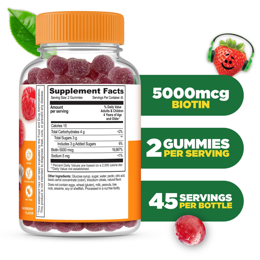 Lifeable Kids Biotin Gummies | 5,000mcg | Great Tasting Natural Flavor Biotin Supplement | Vegan Non GMO Hair Gummies | for Hair Skin and Nails | 90 Gummies