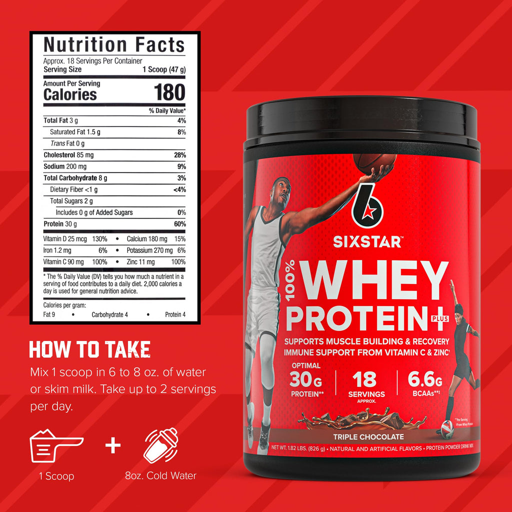 Six Star Whey Protein Powder Whey Protein Plus | Whey Protein Isolate & Peptides | Lean Protein Powder for Muscle Gain | Muscle Builder for Men & Women | Triple Chocolate, 1.82 lbs (826 g)
