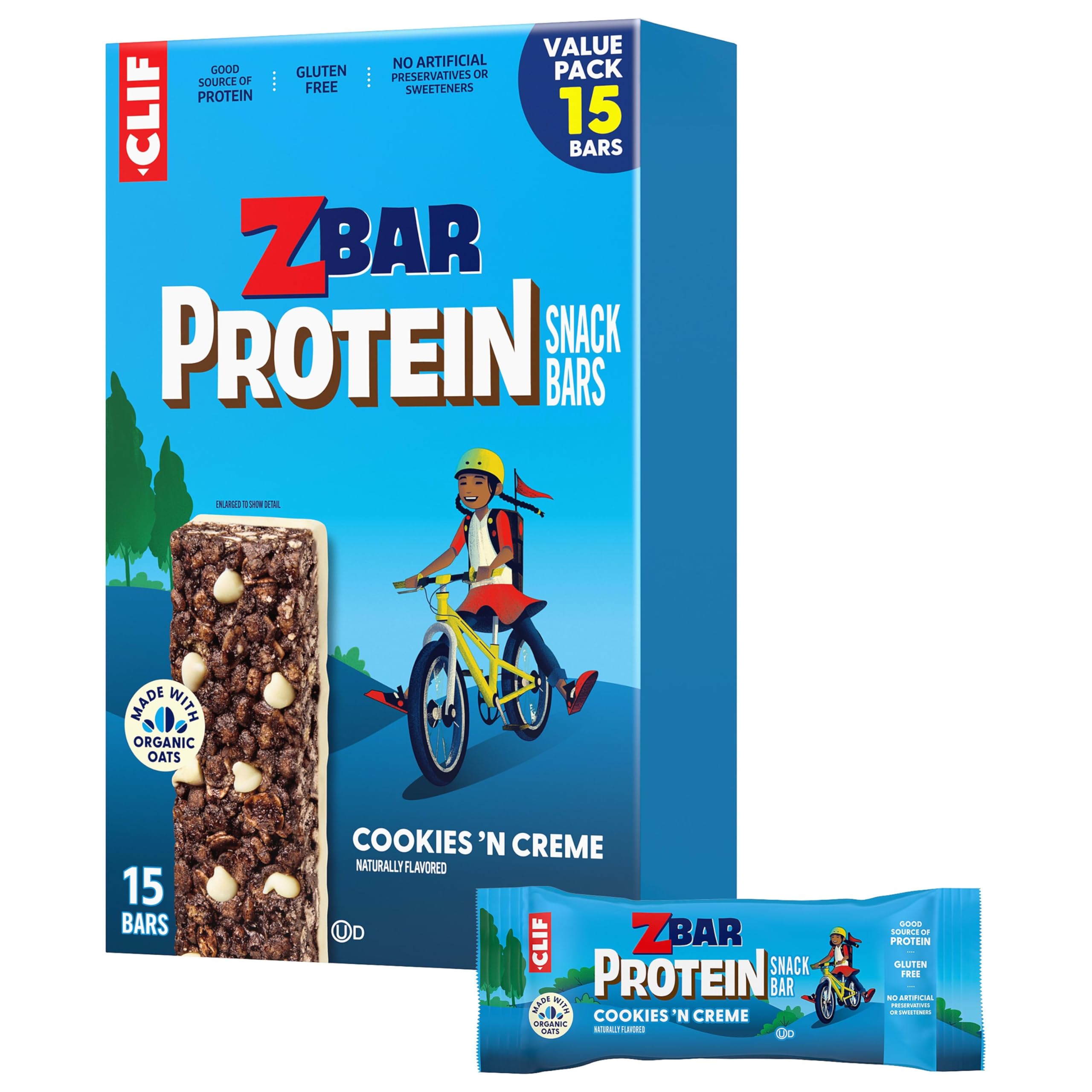 Zbar Protein - Cookies 'N Creme - Snack Bars - Made with Organic Oats - Non-GMO - 5g Protein - Gluten Free Protein Bars - Snacks for Kids (15 Pack)