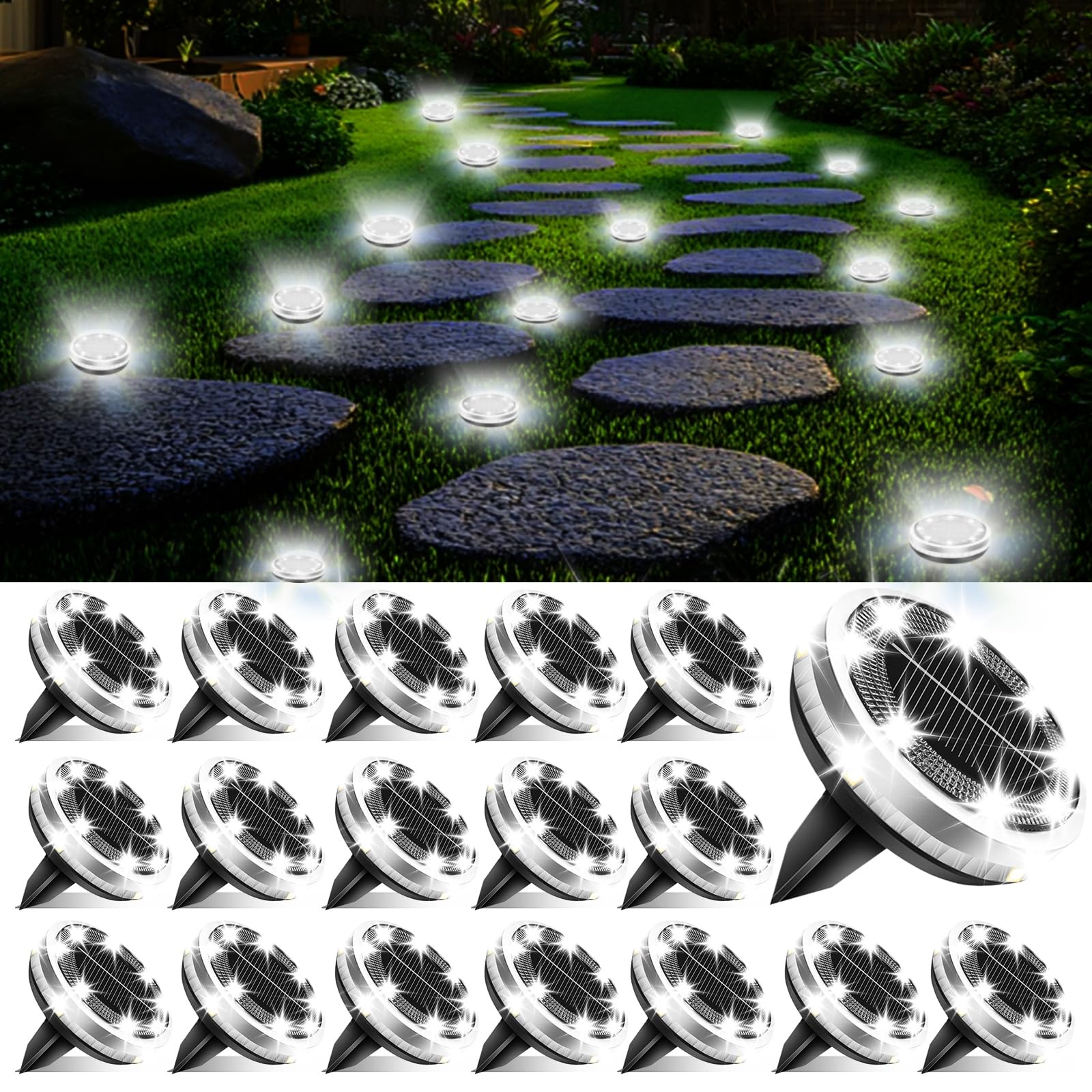SenLuKit Solar Ground Lights Outdoor 18 Pack Waterproof, Upgraded Solar Garden Lights with 4 Side Light, Stainless Steel Solar Powered Disc Landscape Light for Walkway Lawn Yard Patio Deck-Cool White