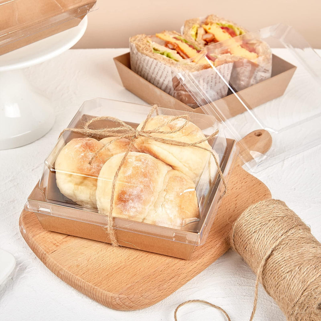 ZORRITA 50 Pack 5 Inch Paper Charcuterie Boxes with Clear Lids, Square To Go Cake Slice Containers Small Kraft Bakery Boxes for Dessert, Cookies, Sandwich, Strawberries (Brown)