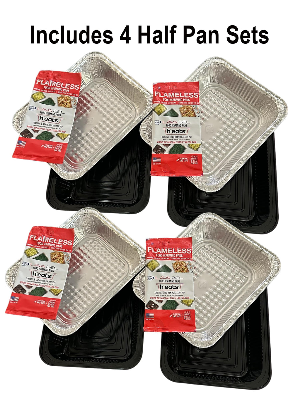 Lava Gel Self-Heating Buffet Kit – Flameless Food Warmer Set for Parties – Includes 4 Trays, 4 Half-Size Heat Pads & Foil Pans – Keeps Hot Food Hot for up to 3 Hours – Gel Fuel Can Alternative