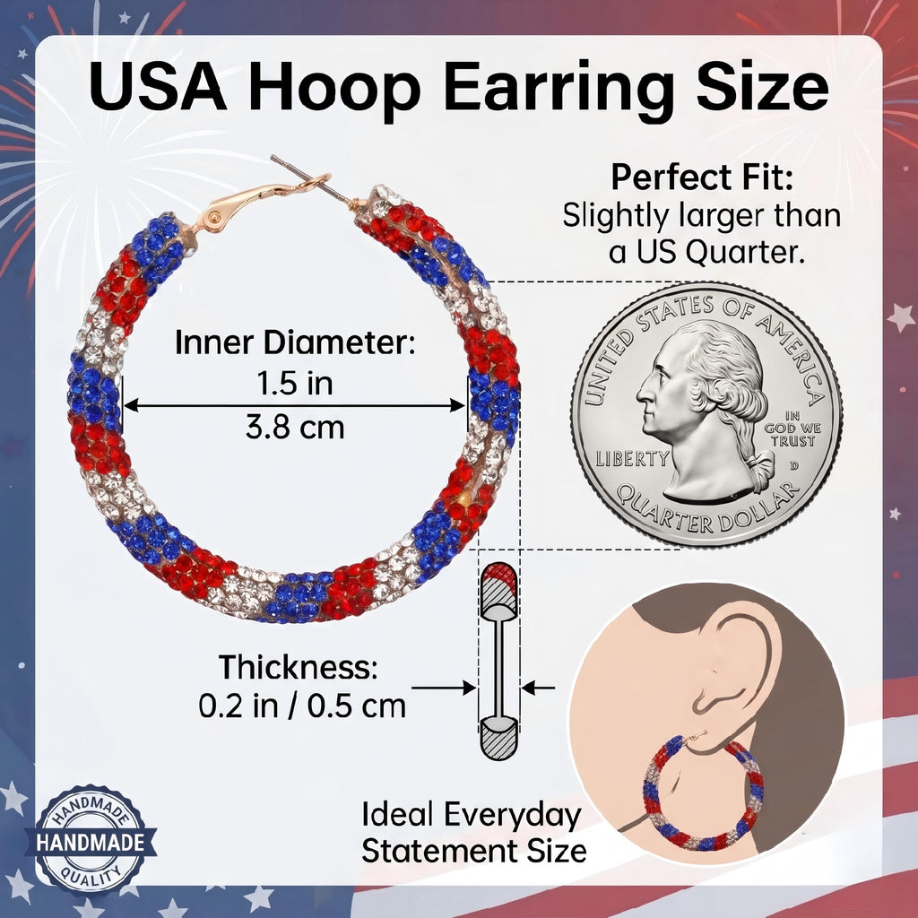 NLCAC USA Hoop Earrings Red White Blue Patriotic Resin Rhinestone Wrapped Hoop Dangle Earrings for Women(USA Round)