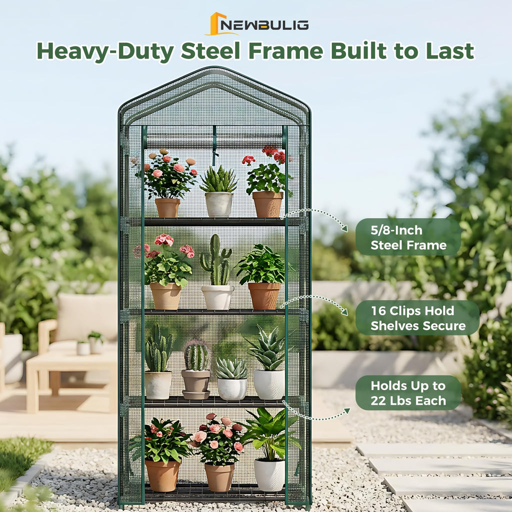 NEWBULIG 27"x19"x63" Mini Greenhouse, with Durable Zipper Door 4 Tier