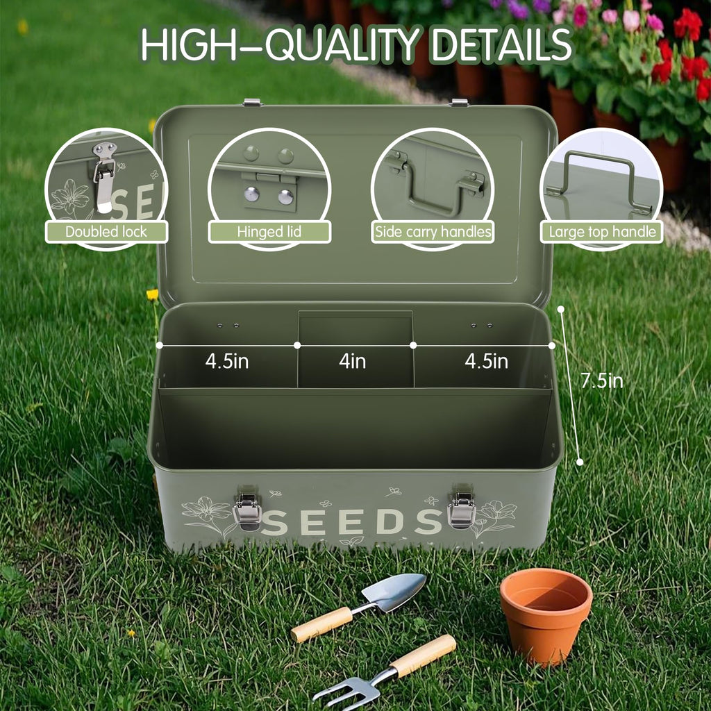 Seed Storage Organizer with Lid, Metal Seed Bin Seed Packet Container