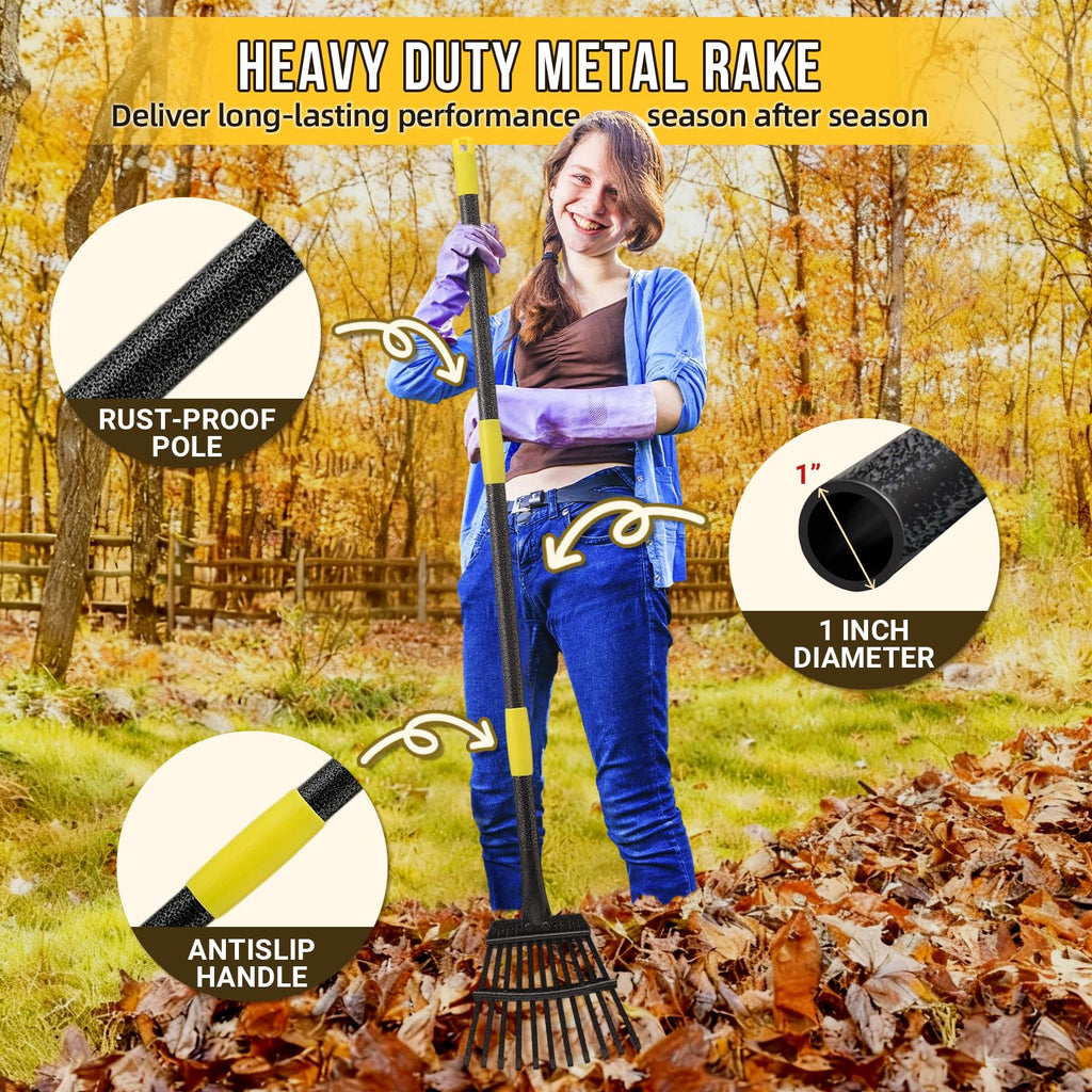Leaf Rake, Small Rake for Leaves with 30"-60" Adjustable Long Handle, 11 Tines 8.5" Wide, Metal Rakes Heavy Duty for Lawns, Gardening, Yard, Camping, Shrub, Grass, Bush, Weed, Debris