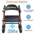 Soundfuse Rollator Walkers with Seat for Seniors, Foldable 8" Big Wheels All Terrain Rolling Walker, Handles and Ergonomic Seat Height Adjustable, 350 lb