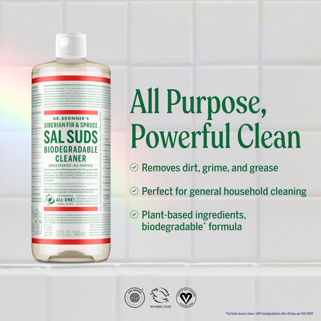 Dr. Bronner's Sal Suds Biodegradable Cleaner (16 Ounce, 2-Pack) – All Purpose Pine Mop Detergent for Floors, Laundry & Dishes, Multi Surface Concentrate, Heavy-Duty Degreaser