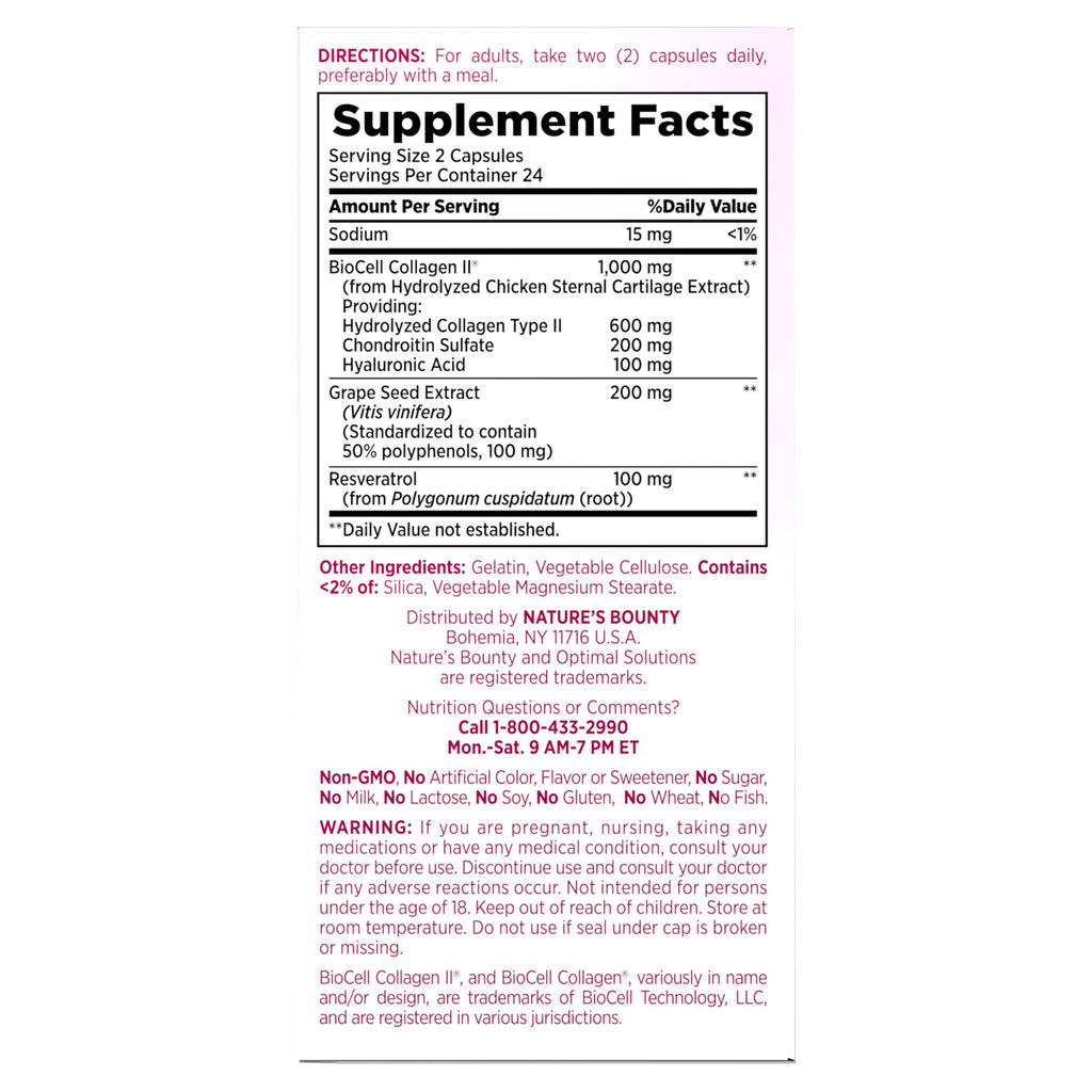 Nature's Bounty Optimal Solutions Ultra Collagen Booster for Healthy-Aging Supplement, Resveratrol, Hyaluronic Acid – Collagen Capsules for Women, 48 Capsules (Pack of 2)