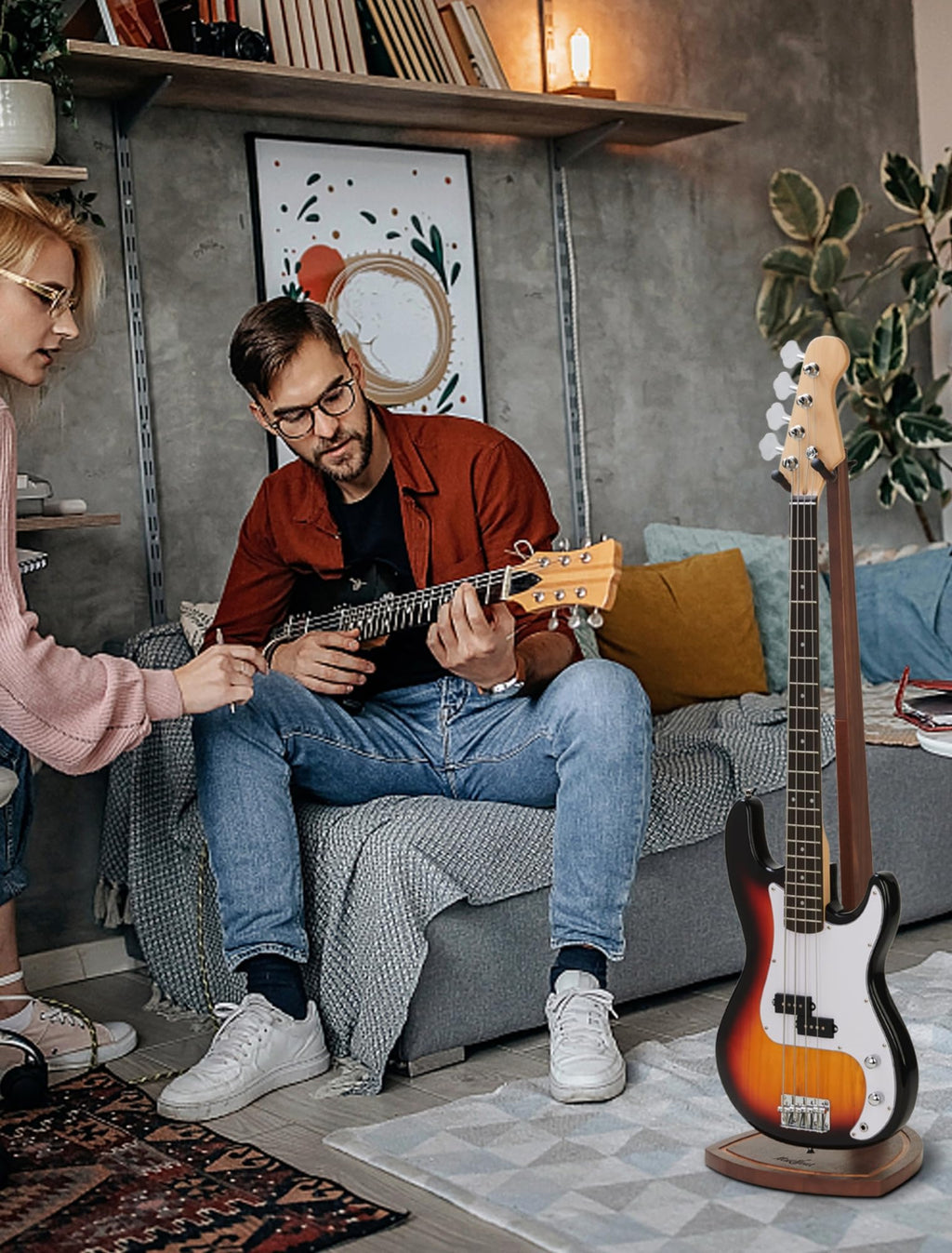 Musbeat Bass Guitar Stand, Electric Bass Stand for Studio, Living Room, Handcrafted Electric Bass Guitar Stand, Wood Guitar Stand Floor for Electric Guitar, Bass Guitar, Banjo, Guitar Gifts for Men