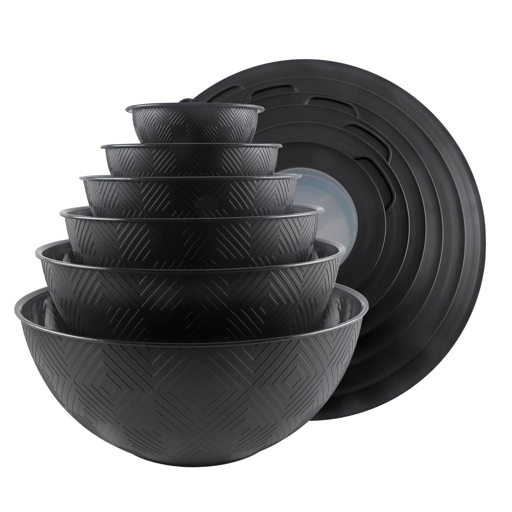 COOK WITH COLOR Mixing Bowls with Lids - 12 Piece Plastic Nesting Bowls Set includes 6 Prep Bowls and 6 Lids, Rhombus Design - Microwave Safe (Black)
