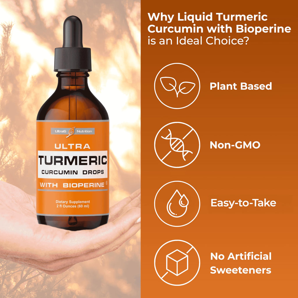 Ultra6 Nutrition Liquid Turmeric Curcumin Extract with Black Pepper - Turmeric Drops with Bioperine - Easy-to-Take Supplements Made in USA (60ml)