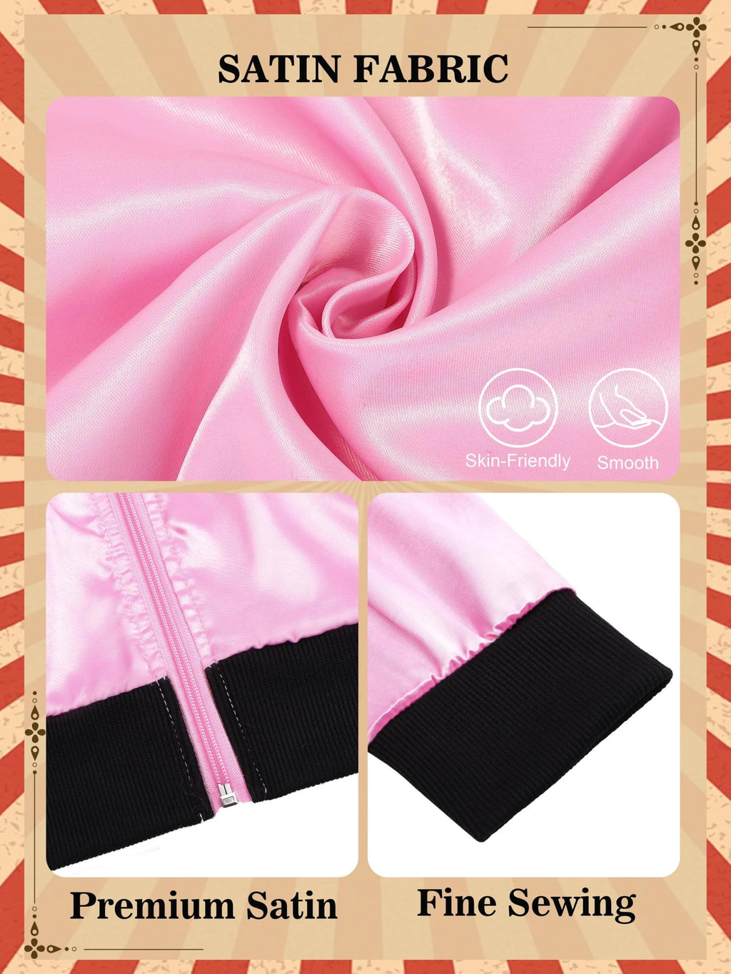 SOMSOC 5 Pieces 1950s Women Pink Satin Jacket with Polka Dot Scarf Headband Earrings Eye Glasses Halloween Party Costume Set