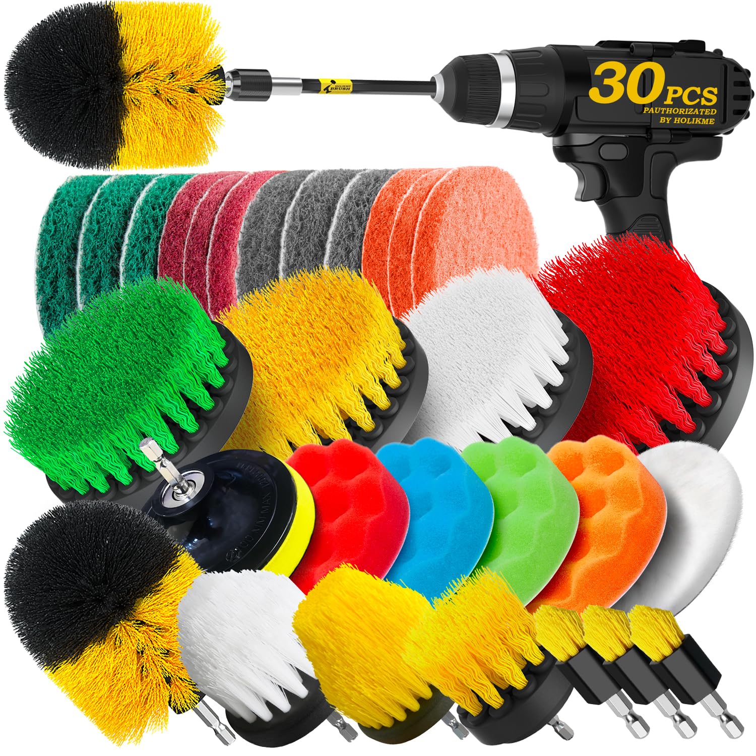 Holikme 30Pack Drill Brush Attachments Set,Scrub Pads & Sponge, Power Scrubber Brush with Extend Long Attachment All Purpose Clean for Grout, Tiles, Sinks, Car Polishing Pads,Bristle Discs