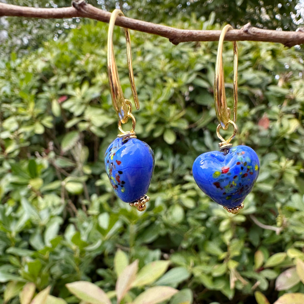 Handmade Murano Glass Heart Earrings for Women, Gold-Plated Drop Earrings, Lightweight Romantic Jewelry for Women, Anniversaries, Birthdays, Everyday Wear(Blue)
