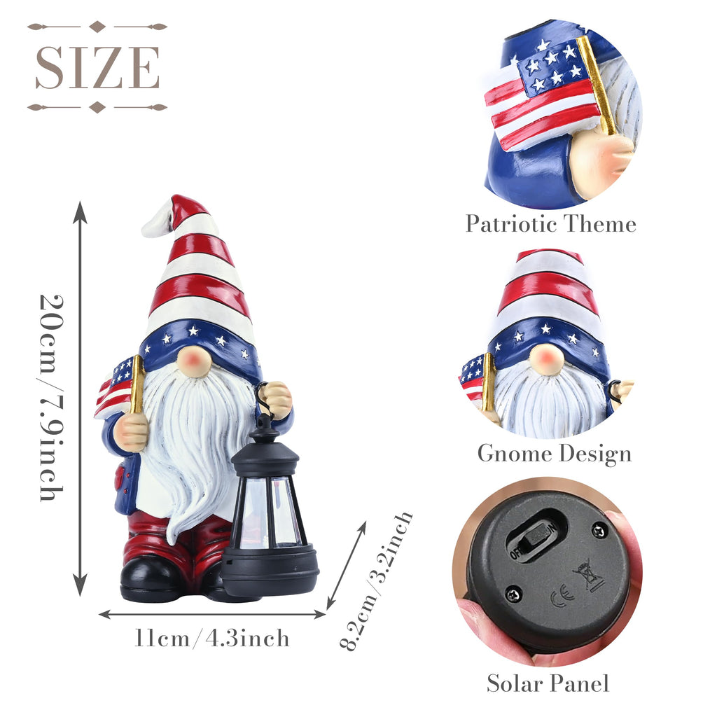 TERESA'S COLLECTIONS 4th of July Gnome Decorations with Solar Lantern, Memorial Day Decorations Resin Patriotic Garden Gnome Holding American Flag, USA 250th Anniversary Independence Day Gift 8"