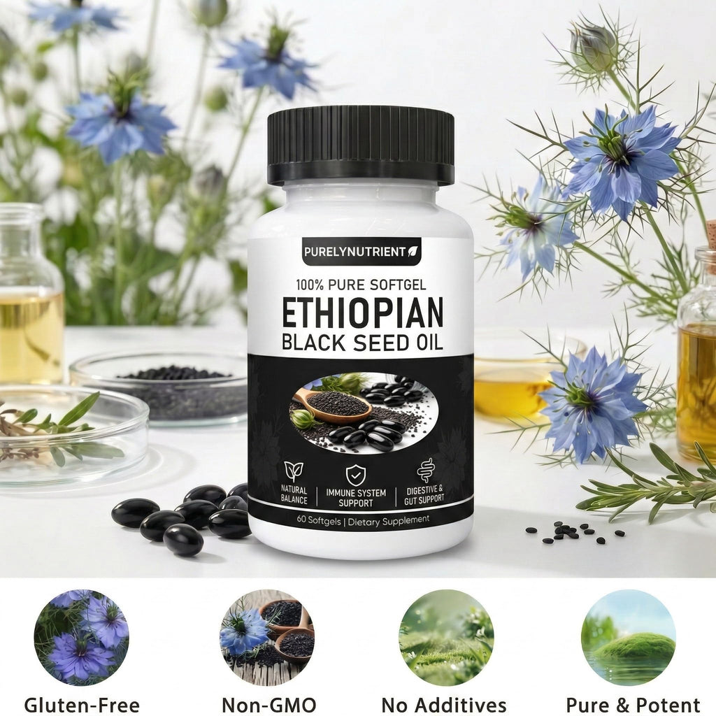 Ethiopian Black Seed Oil, Purely Nutrient Ethiopian BlackSeed Oil Capsules with Thymoquinone, Organic Cold-Pressed, 60 Softgels