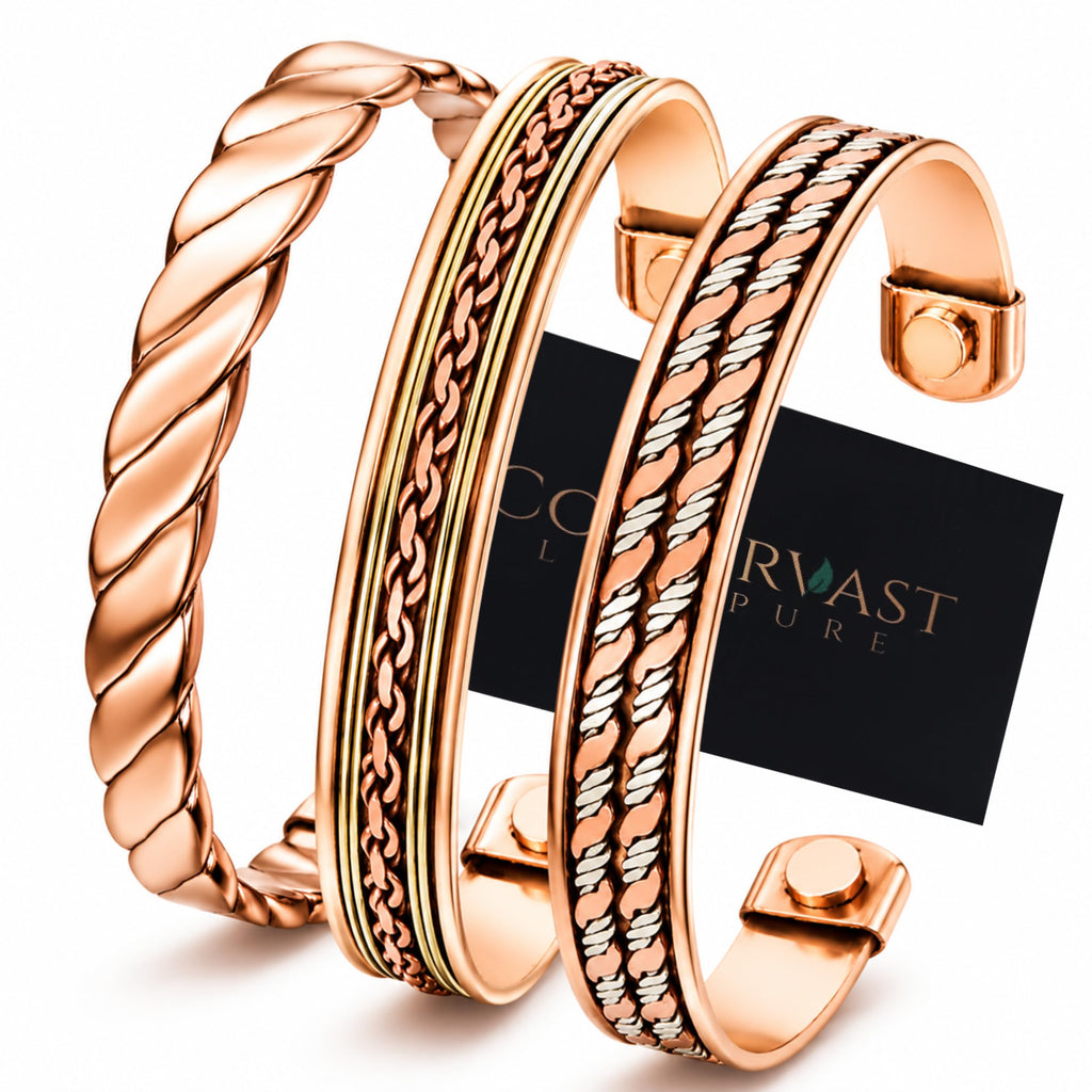 Coppervast Copper Bracelets- for Men and Women| Set of 3 with Gift Box | Gift for Women & Men | Handmade 100% Copper (Inlay)