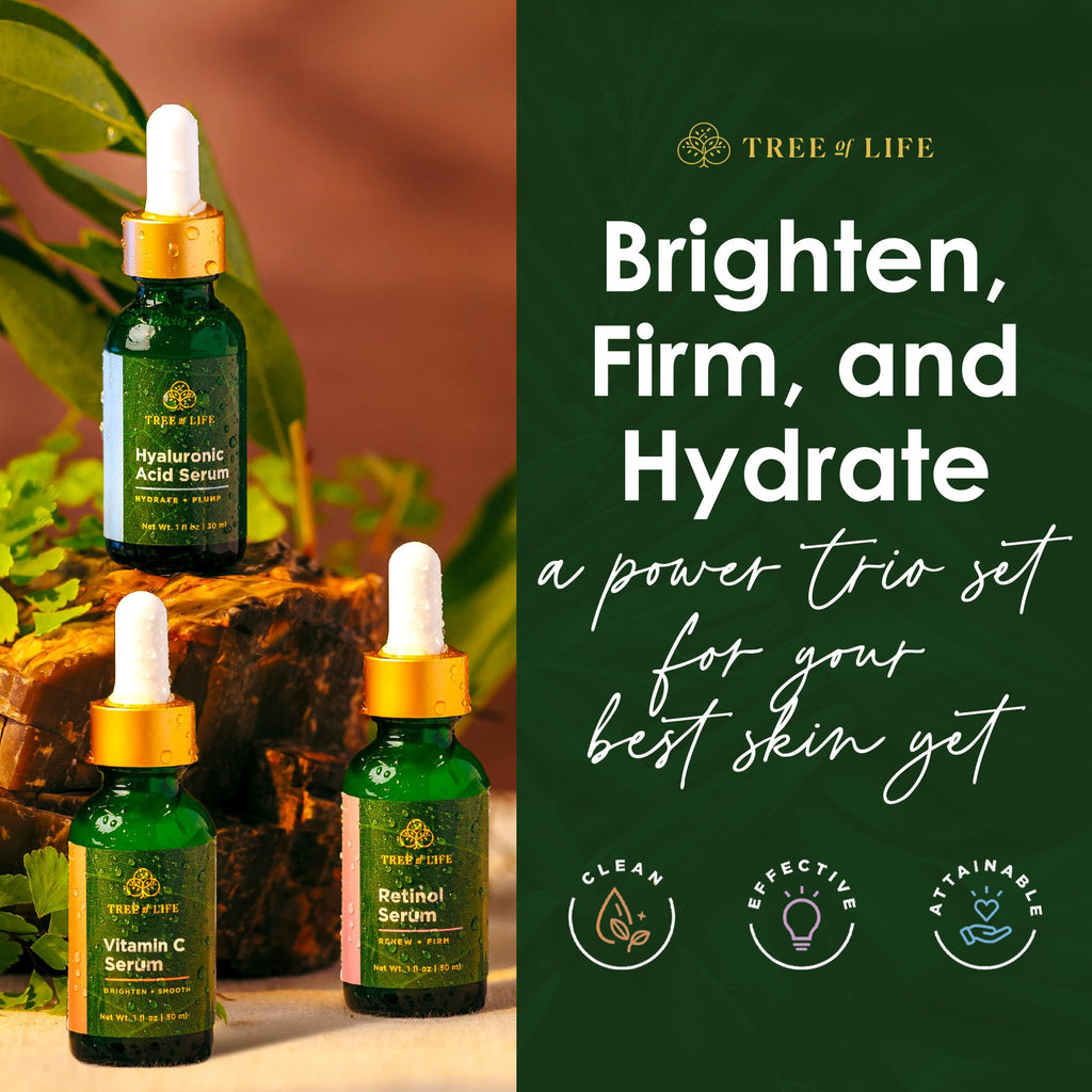 Tree of Life Beauty Facial Skin Care Set, Firming, Hydrating, Dry Face, Dermatologist Tested - Trio Power Kit, Vitamin C, Retinol and Hyaluronic Acid, 3 count of 1 Fl Oz
