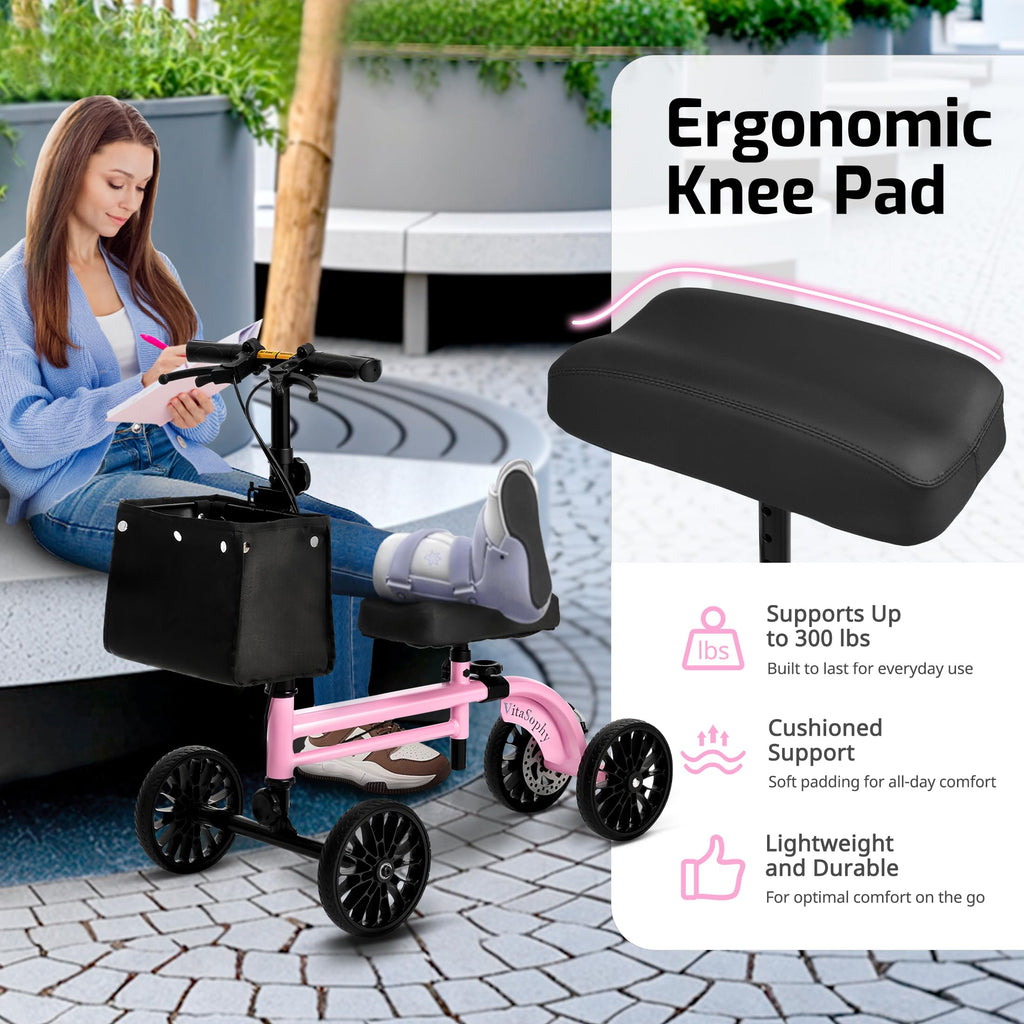 VitaSophy Knee Scooter with Disc Brake, Steerable Knee Walker for Adults,Foldable Rover Scooter for Broken Foot Injured Leg Crutch,Pink