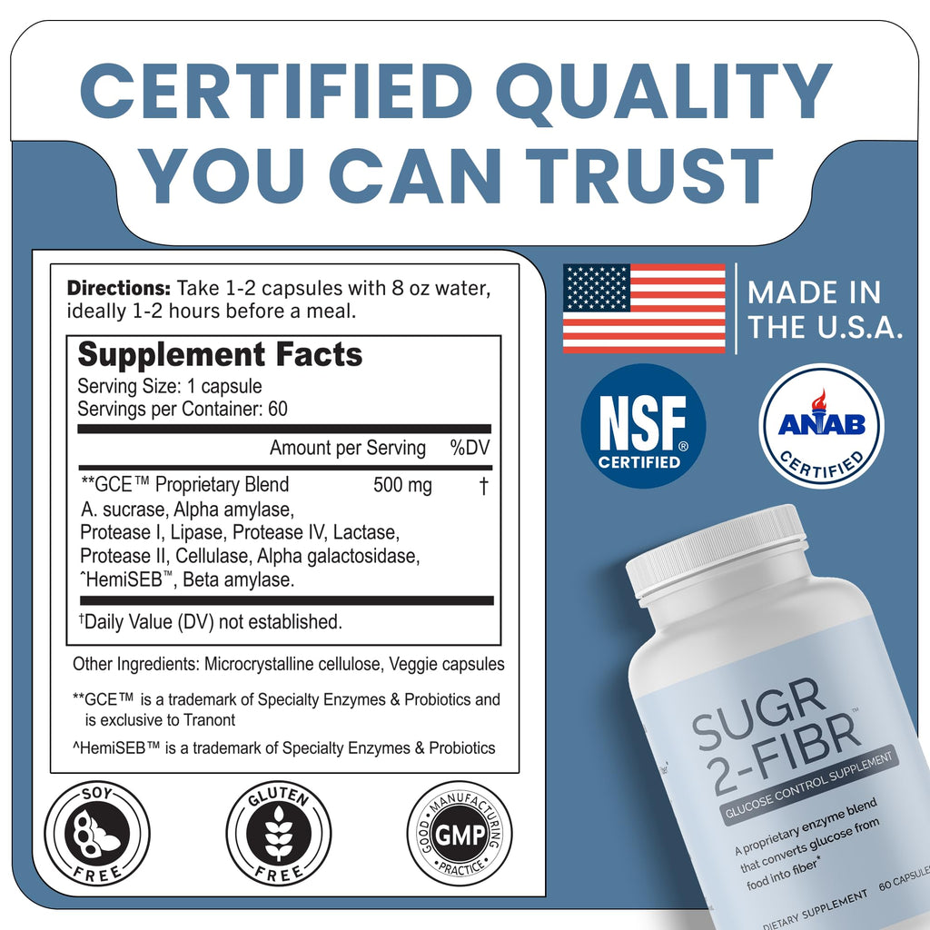 OPTIVIDA Sugr-2-Fibr - Natural Blood Sugar Support Supplement with Enzyme Technology - Glucose Support Supplement - Sugar to Fiber for Gut & Energy Levels - Blood Sugar Supplement - 60 Vegan Capsules
