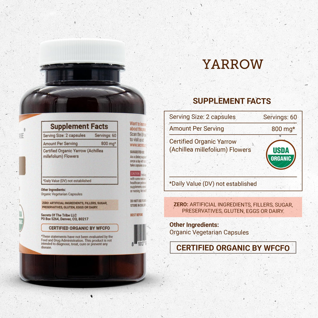 Secrets of the Tribe Yarrow 120 Capsules, 800 mg, USDA Organic Yarrow (Achillea millefolium) Dried Leaf and Flower (120 Capsules)