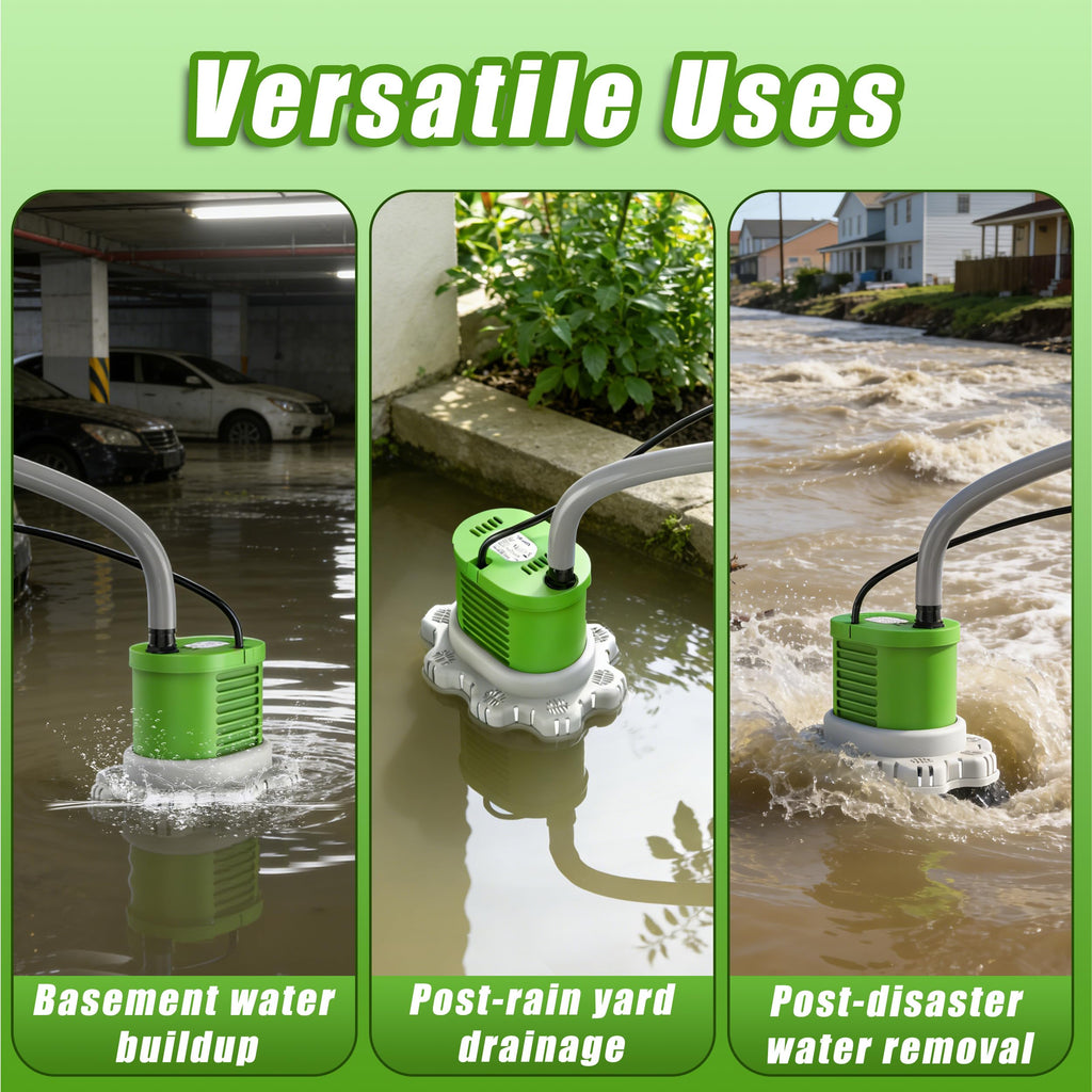 AgiiMan Pool Cover Pump Above Ground - 850 GPH Submersible Water Pump for Pool Draining, Portable Small Sump Pumps with 16' Drainage Hose and 25' Power Cord, 3 Adapters, Green