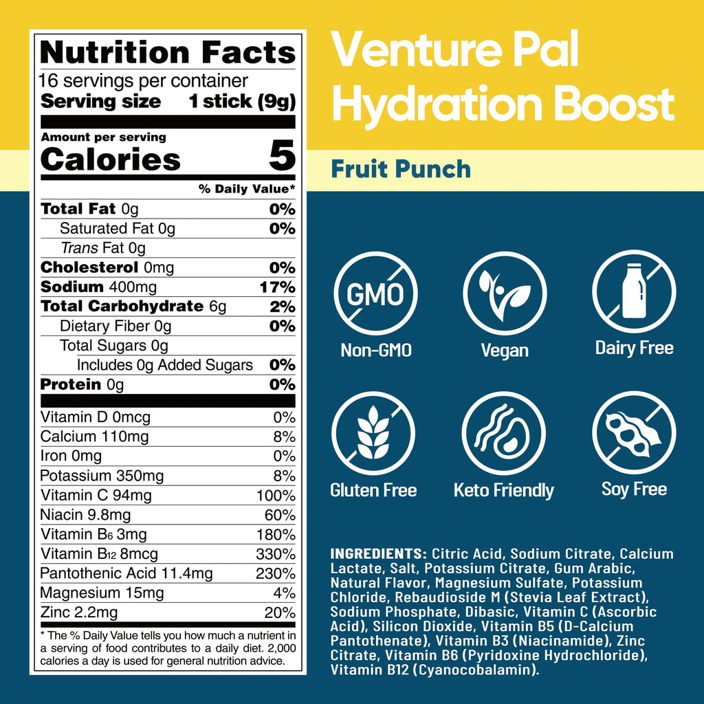 Venture Pal Sugar Free Electrolyte Powder Packets - Liquid Daily IV Hydration Packets for Rapid Rehydration | 7 Electrolytes & 5 Vitamins | Keto Friendly | Non-GMO | Vegan | Fast Dissolve | 16 Sticks