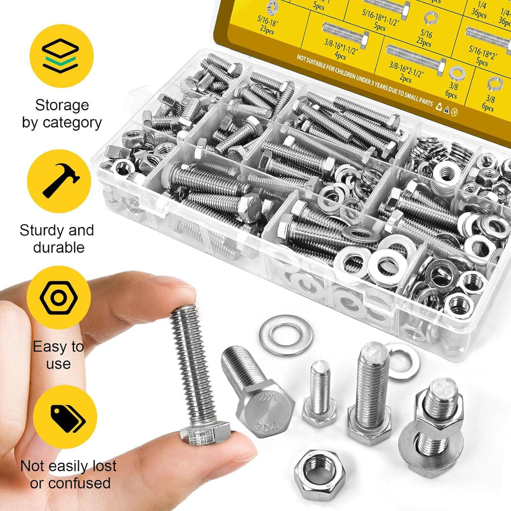 Fgruh 260PCS Hex Bolts and Nuts Assortment Kit,1/4-20, 5/16-18, 3/8-16 Hex Head Bolt Nut and Flat & Spring Washers Assorted,304 Stainless Steel, Fully Threaded