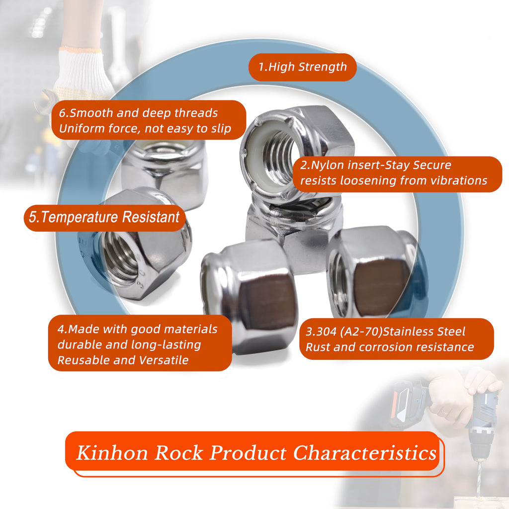 Kinhon Rock 5/16"-18 Nylon Insert Lock Nuts 30pcs SAE 304 Stainless Steel Nylon Locknuts Hex Lock Nuts Reusable Anti-Loose Corrosion-Resistant for DIY Home Automotive Industrial