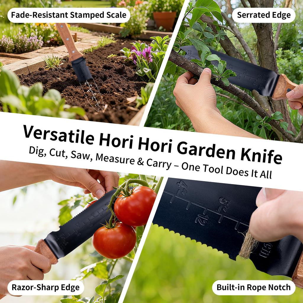 YANG Hori Hori Garden Knife, 7" Stainless Steel Gardening Knife with Oxford Cloth Sheath, Full Tang Beechwood Handle Garden Tool for Dividing Plants & Weeding, Forked Tip for Transplanting