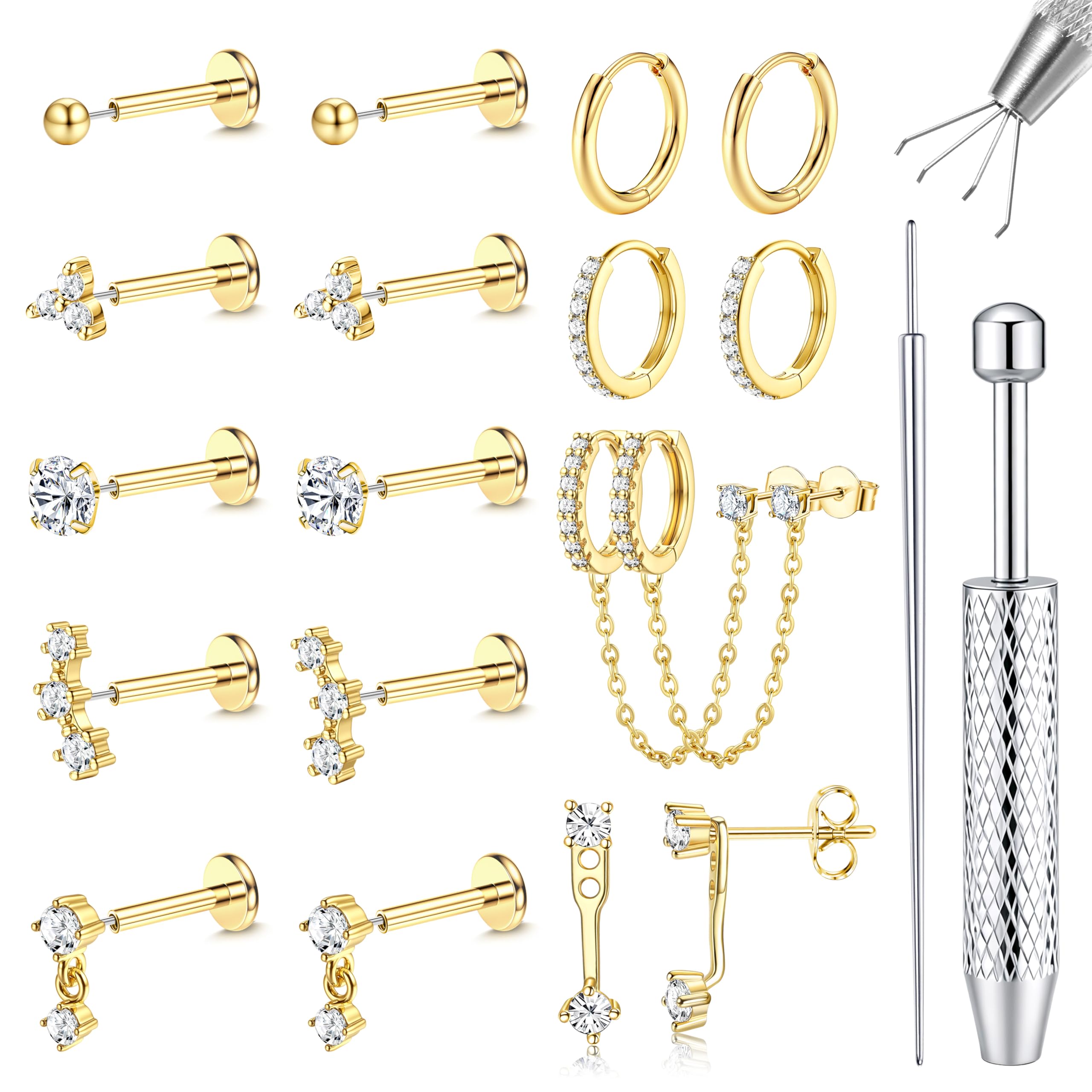LOLIAS Hypoallergenic Gold Threadless Flat Back Stud Earrings for Women