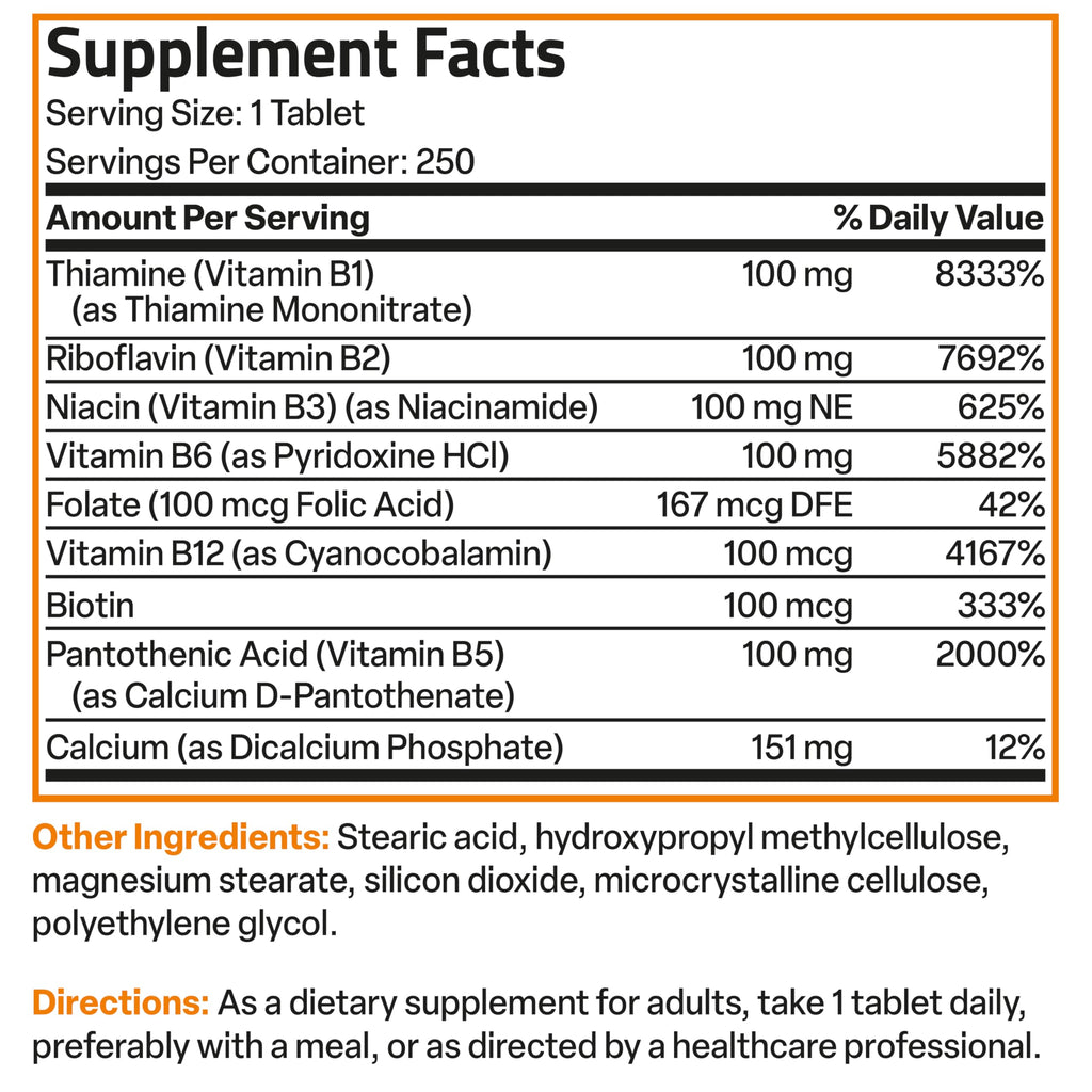 Bronson Super B 100 Vitamin B Complex Sustained Release Contains All B Vitamins (Vitamin B1, B2, B3, B6, B9 - Folic Acid, B12) Supports Energy Metabolism & Nervous System Health, Non-GMO, 250 Tablets