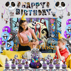 Favuit Birthday Decorations, Nightmare Christmas Party Supplies Halloween Birthday Party Decorations Set Includes Banner Balloons Tablecloth Backdrop Hanging Swirls Cake Toppers