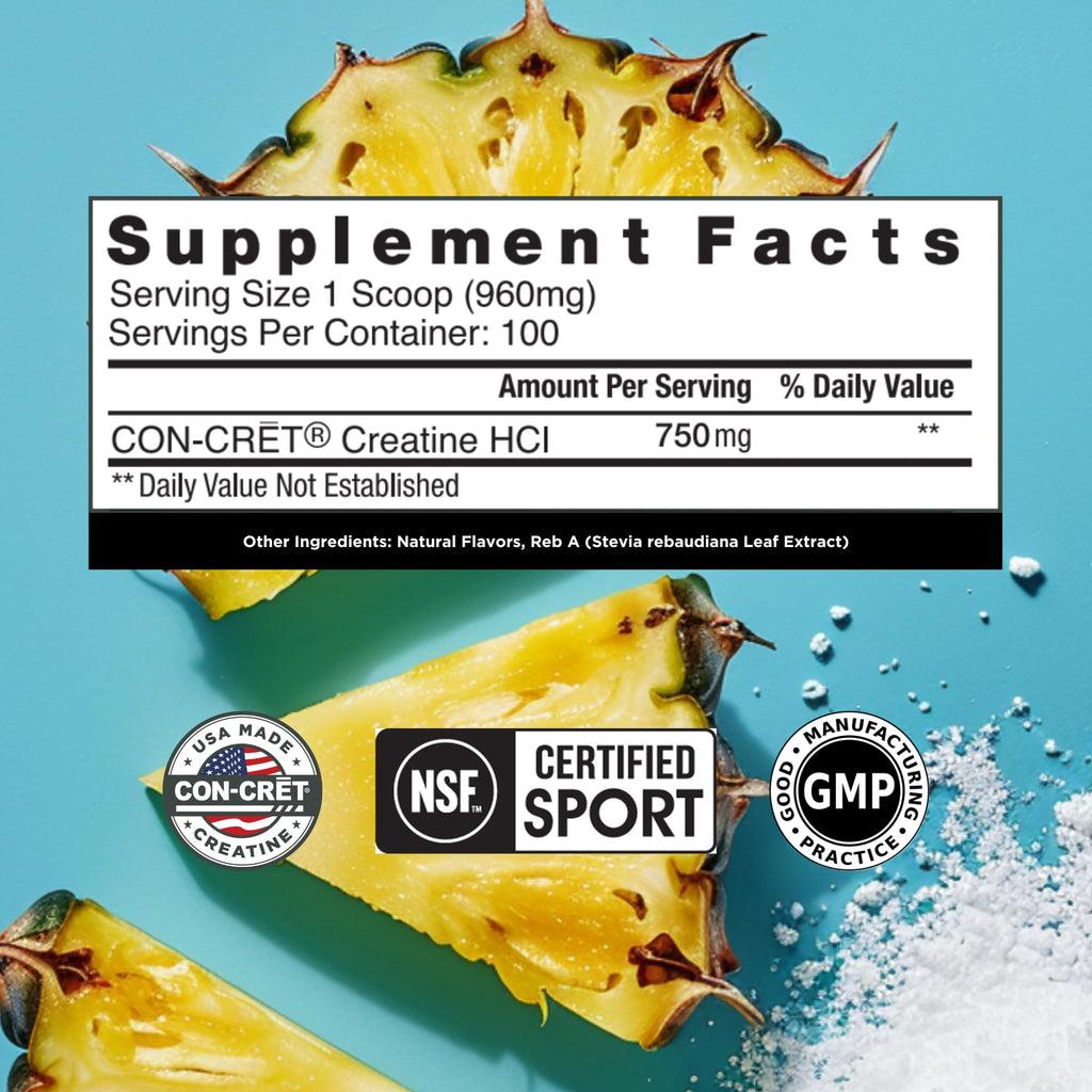 CON-CRET Creatine HCl Powder | Muscle, Cognitive, Cellular Energy Support | No Bloating or Cramps | USA Made & NSF Certified | Pineapple (100 Serving)