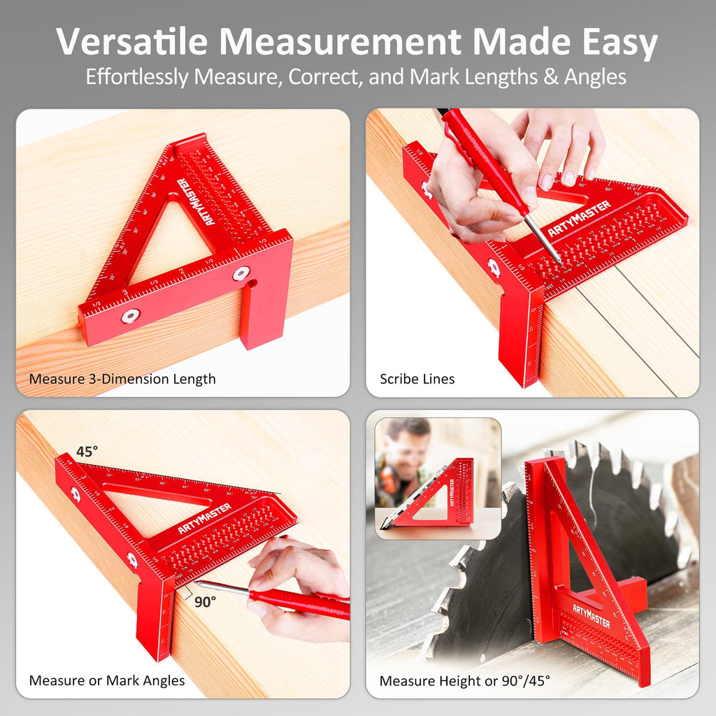 3.8＂Mini 3D Multi-Angle Measuring Square Ruler, WT102A High Precision Hole Scribing Woodworking Tools, 0-90° Aluminum Alloy Carpenter Square Wood Working Tools, Carpenter Pencils 6 Refills.