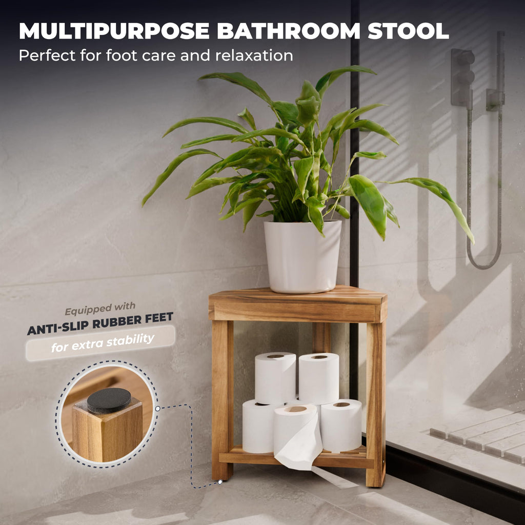 BLUEWEST 16.4" Shower Foot Rest, Corner Shower Stool, Wooden Shower Foot Stool for Shaving Legs Inside Shower, Waterproof Shower Foot Rest with Storage Shelf for Small Shower Space, Shower Seats
