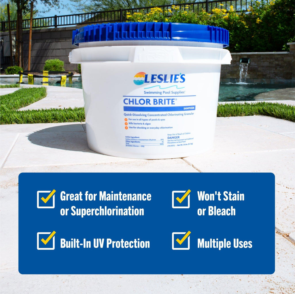 Leslie's Chlor Brite Swimming Pool Sodium Granular Chlorine – 99% Sodium Dichlor Sanitizer for Crystal Clear Water – Defends Against Bacteria, Algae, and Microorganisms - 8 Pound