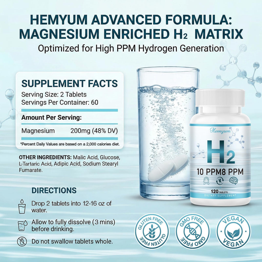 Hydrogen Water Tablets, H2 Molecular Hydrogen with Magnesium, 10 PPM Hydrogen Tablets for Drinking Water, Supports Physical Recovery, Brain Health&Cellular Energy - Non-GMO, Gluten-Free 120 Tablets.