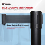 Crowd Control Warehouse Set of 2 Stanchion Retractable Belt Barriers, 11 Foot Black Belt Barrier with 40” Black Posts, Premium Crowd Control Barriers with Heavy Duty Concrete Base, CCW Series RBB-100